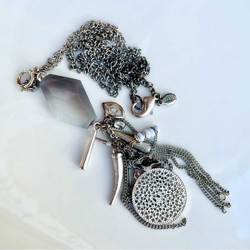 Grey White Ombré Glass Stone Charm Pendant Silver Long Necklace